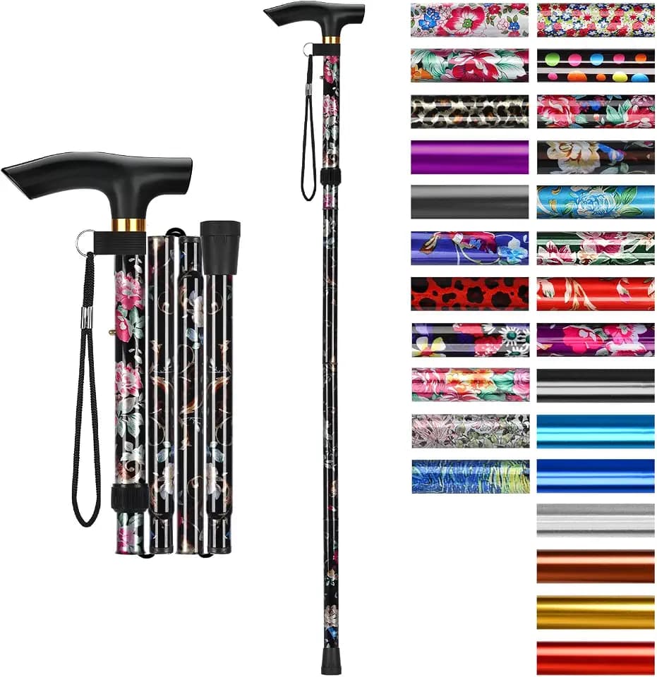 supregear Folding Cane, 5-Level Adjustable Height Walking Stick Lightweight Collapsible Portable Travel Cane with Wrist Strap and T Handle for Elderly Disabled Men Women