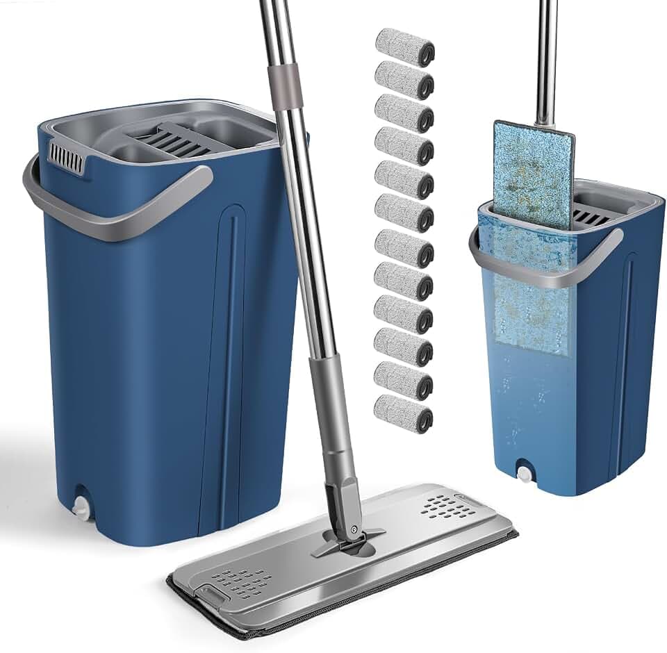 Dulov Wischmopp Set mit Eimer, Blau Bodenwischer Set mit 12 Mikrofaser Mop Pads und 130cm Edelstahlgriff, 2 in 1 Putzeimer mit Wischmop Auswringfunktion für Hartholz Laminat Fliesen