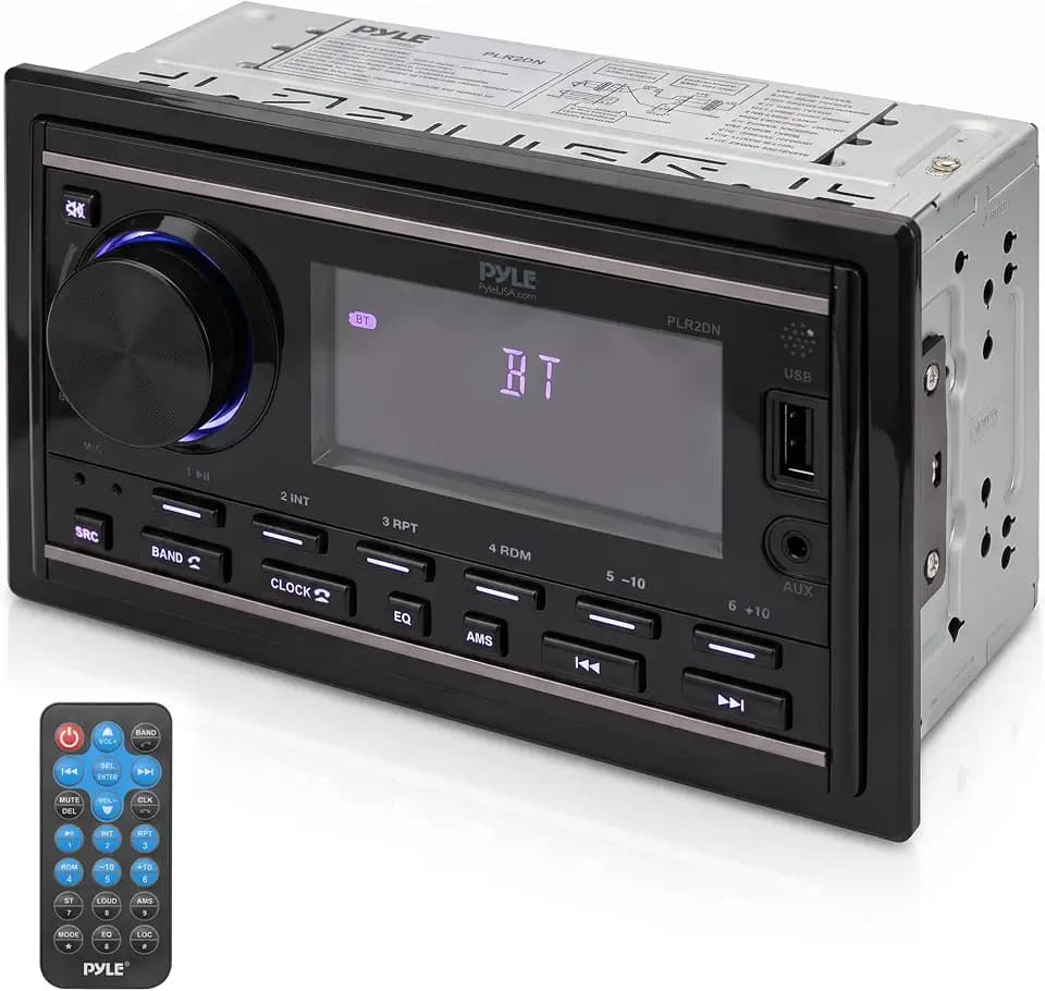 Pyle Bluetooth Stereo Receiver - Double DIN Car Stereo Power Amplifier - Hands-Free Calling, LCD, AM/FM/MP3/BT/USB/AUX - Remote Control, Wiring Harness - Pyle PLR2DN