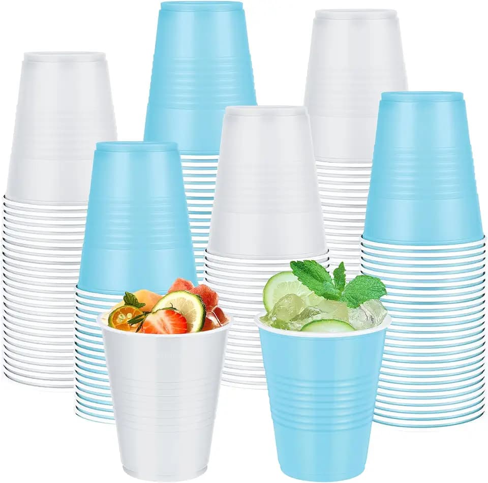 100 Pcs Bulk Blue and White Plastic Party Cups Disposable 12 OZ