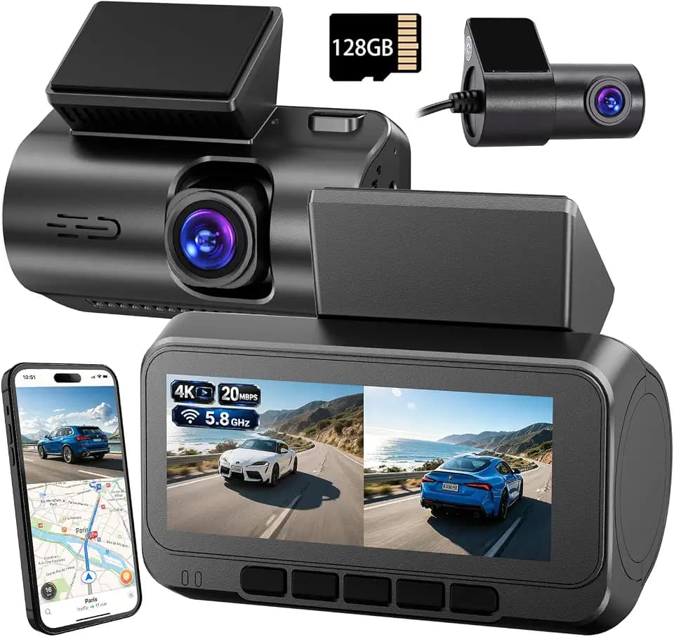 Dash Cam Front 4K Rear 1080P, Built-in 5G WiFi & GPS, 3.16 Inch IPS Screen, HDR Night Vision, G-Sensor Loop Recording, Suction Mount Car Camera for Vehicle Safety，Support 512GB, （Free 128GB TF Card