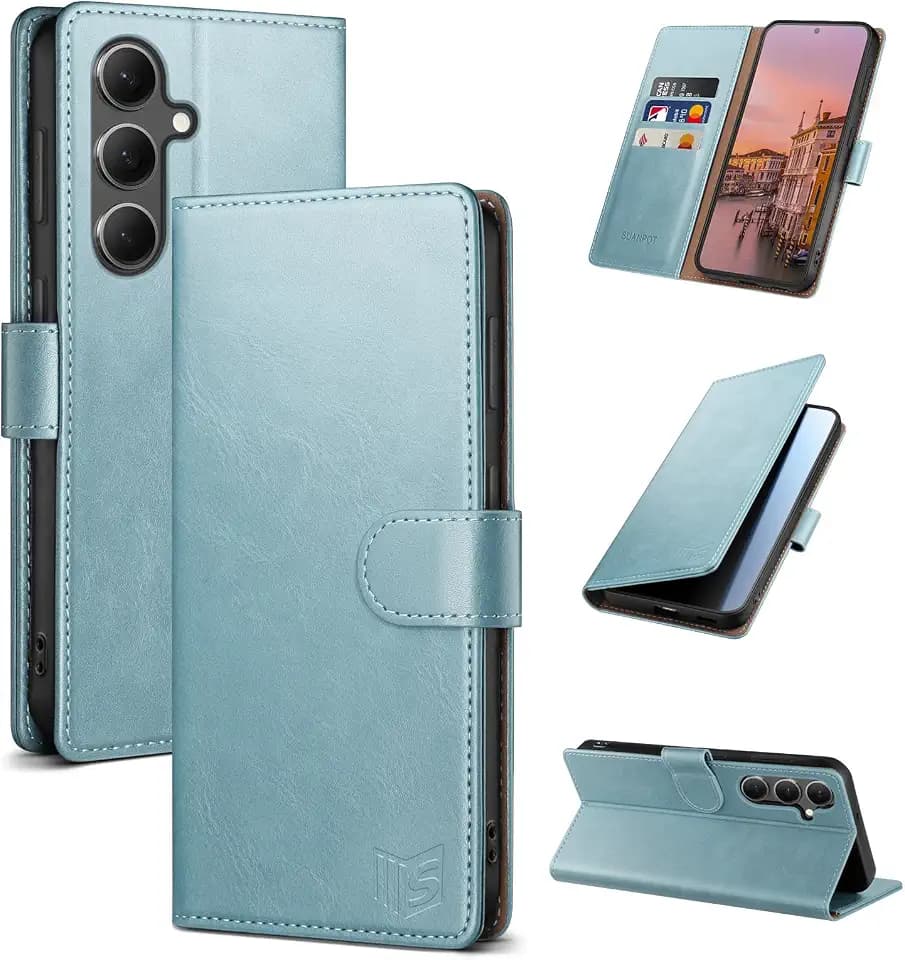 SUANPOT Compatible with Samsung Galaxy S24 Plus/S24+ Wallet case with RFID Blocking Credit Card Holder,Flip Book PU Leather Protective Cover Men Women for Samsung S24 Plus Phone case Sky Blue Color