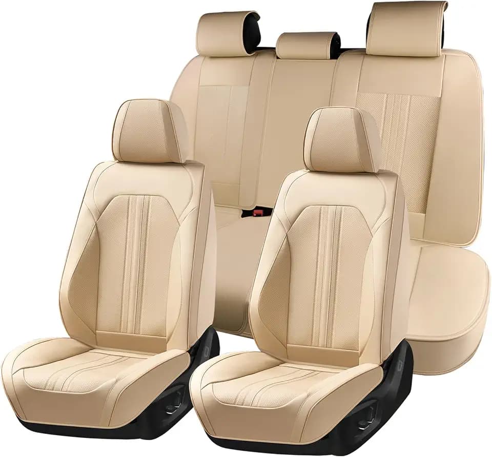 Huidasource Beige Seat Covers, Luxury Faux Leather Car Seat Cover, Velcro Adjustable, with Airbags, Seat Belts, Thinning Design Perforation Cooling＆Heating Fit for Most Cars, Vans, Trucks, SUVs, Beige