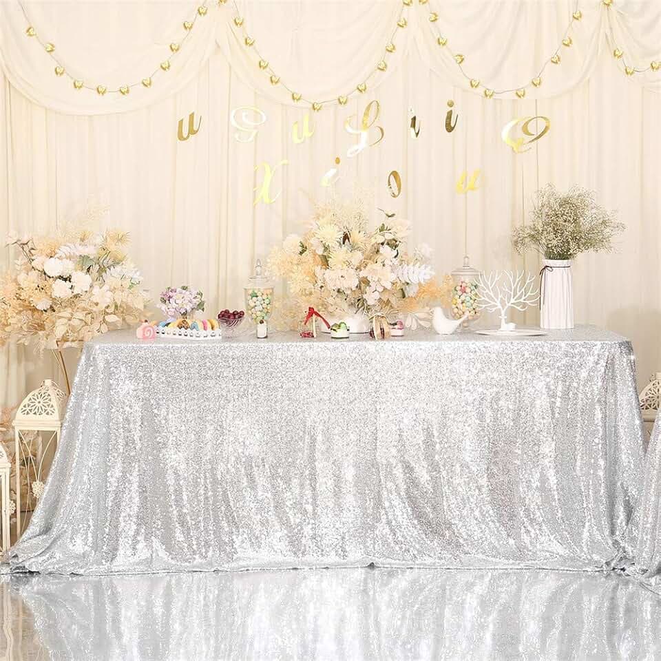 Eternal Beauty Silver Tablecloth, 50x80 Inch Sequin Rectangle Glitter Table Cover for Cake Dessert Exhibition Party Birthday Events