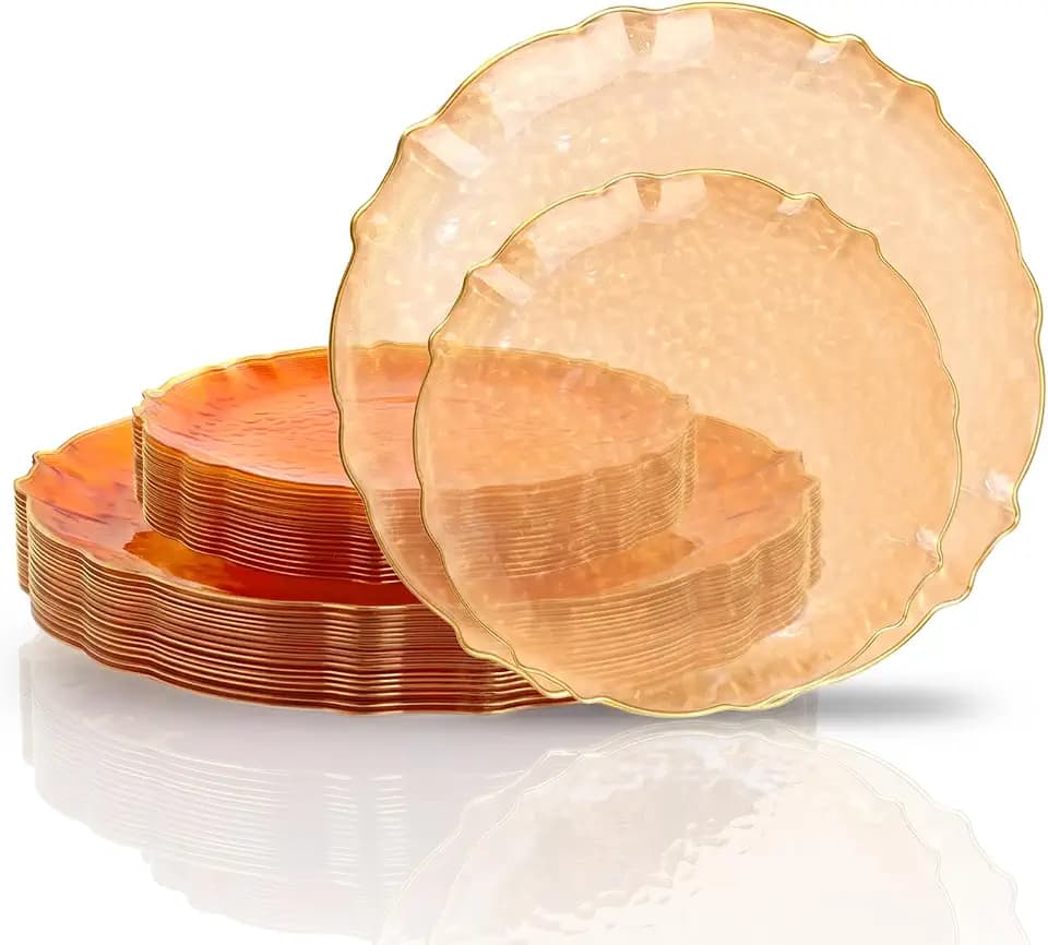 bUCLA 40PCS Orange Plastic Disposable Plates - Fancy Clear Orange Hammered with Gold Lace-Edge - Include 20 Each (10inch Dinner & 7inch Dessert) Plates for Party & Wedding