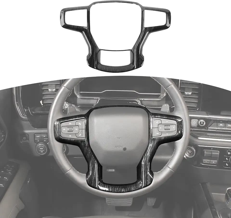 RT-TCZ for Silverado Steering Wheel Trim Compatible with Chevy Suburban 2020 Up Tahoe 2021 Up Silverado 2019-2022 Black Wood Grain Interior Accessories