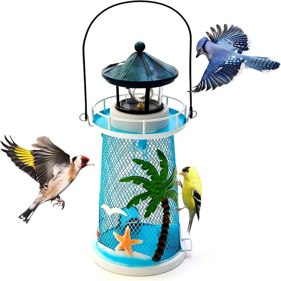 Solar Lighthouse Bird Feeder with Rotating Beacon - 14" Hanging Best Birdfeeder Gifts for Bird Lovers(Beach Blue)