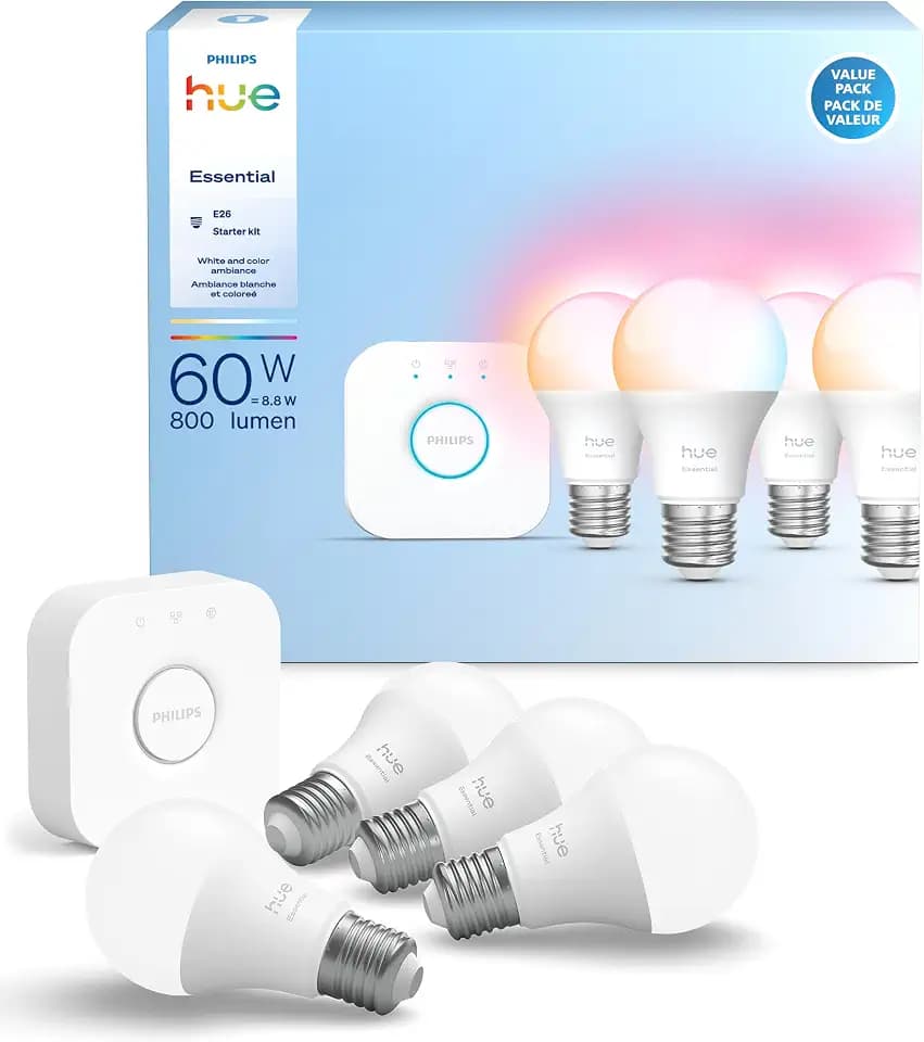 Philips Hue Essential Starter Kit, Bridge + 4 E26 Smart Bulbs