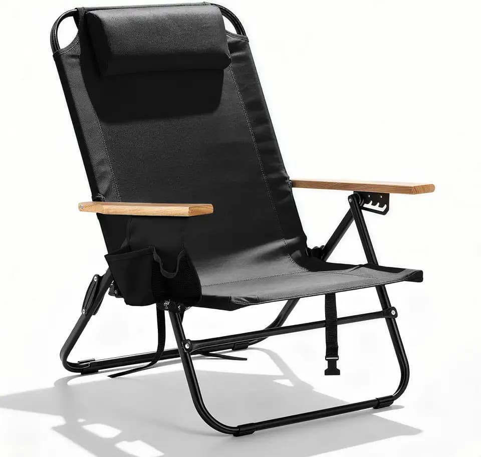 Premium Portable Camping Chair 5-Position Recliner Beach Folding Lightweight Outdoor Chair with Wooden Armrests, Headrest, Multi-Pockets Heavy Duty 350lbs, for Patio, Backyard, Black