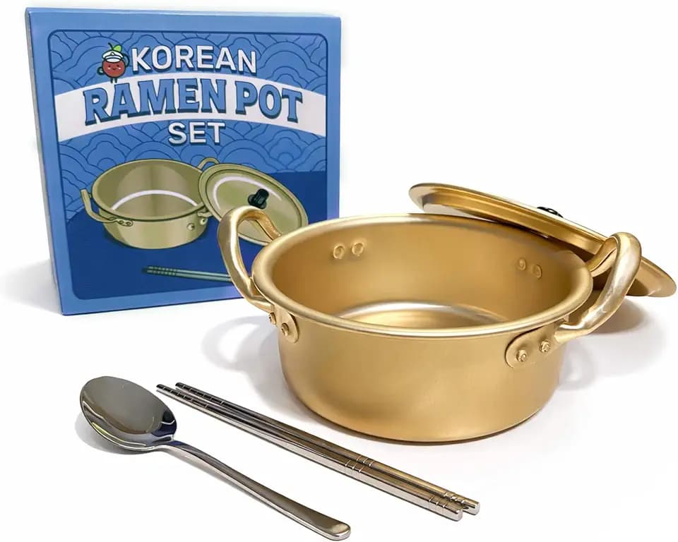 Korean Ramen Pot Set, Gold, Lid, Spoon, 900ml, 30.7oz