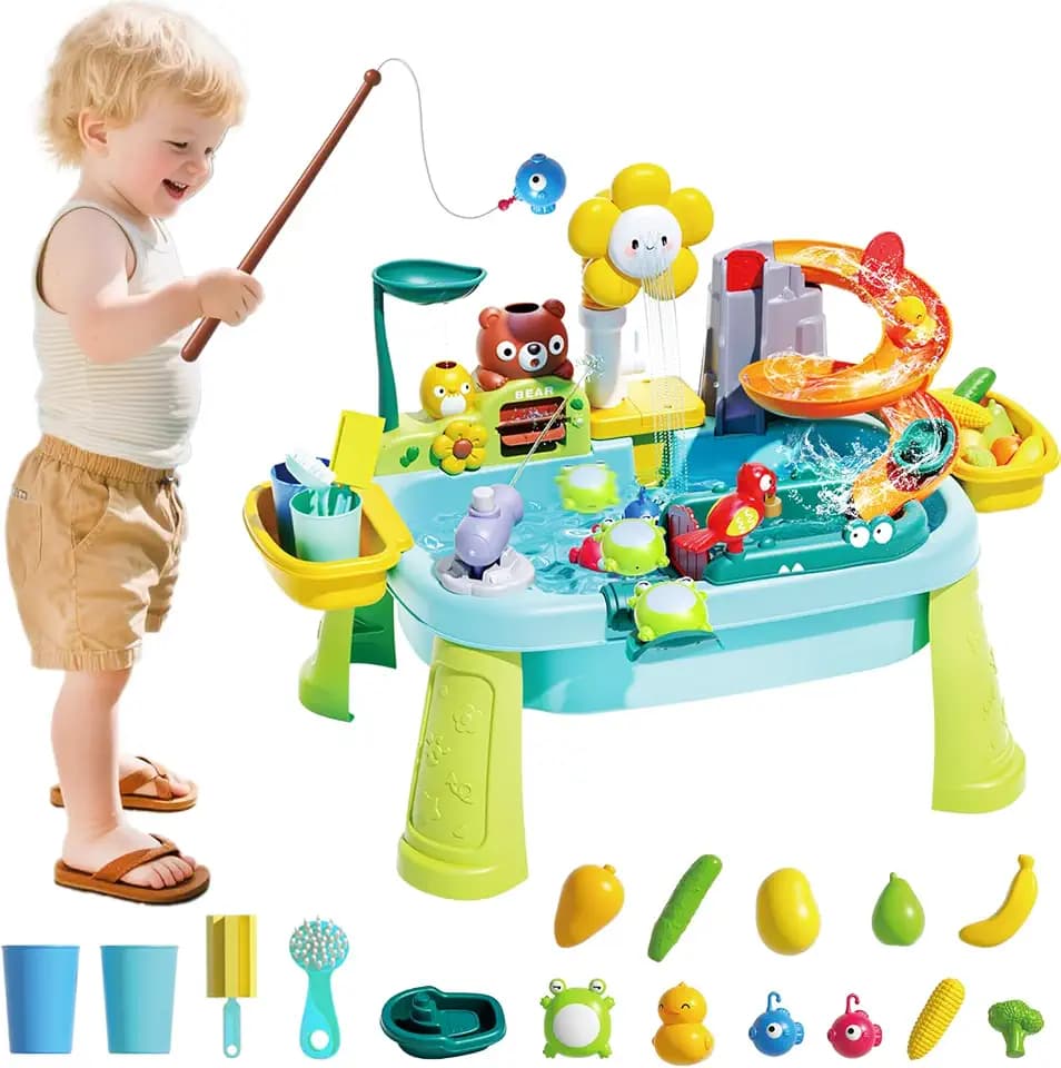 Water Table for Toddlers 1-3, Water Toys for Kids Ages 4-8, Play Sink with Electric Pump Kitchen Play Food Fishing Game, Summer Outdoor Toys Sand Activity Sensory Playset Girls Boys, Blue