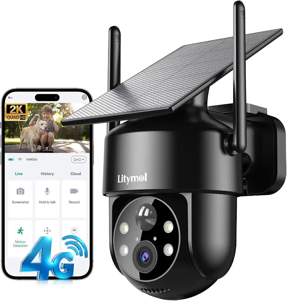 LITYMOL 4G LTE Cellular Security Camera, 2K Outdoor Camera Wireless with 360° View, Color Night Vision, AI Detection, 2-Way Audio, Spotlight Siren Alarm, SD/Cloud Storage