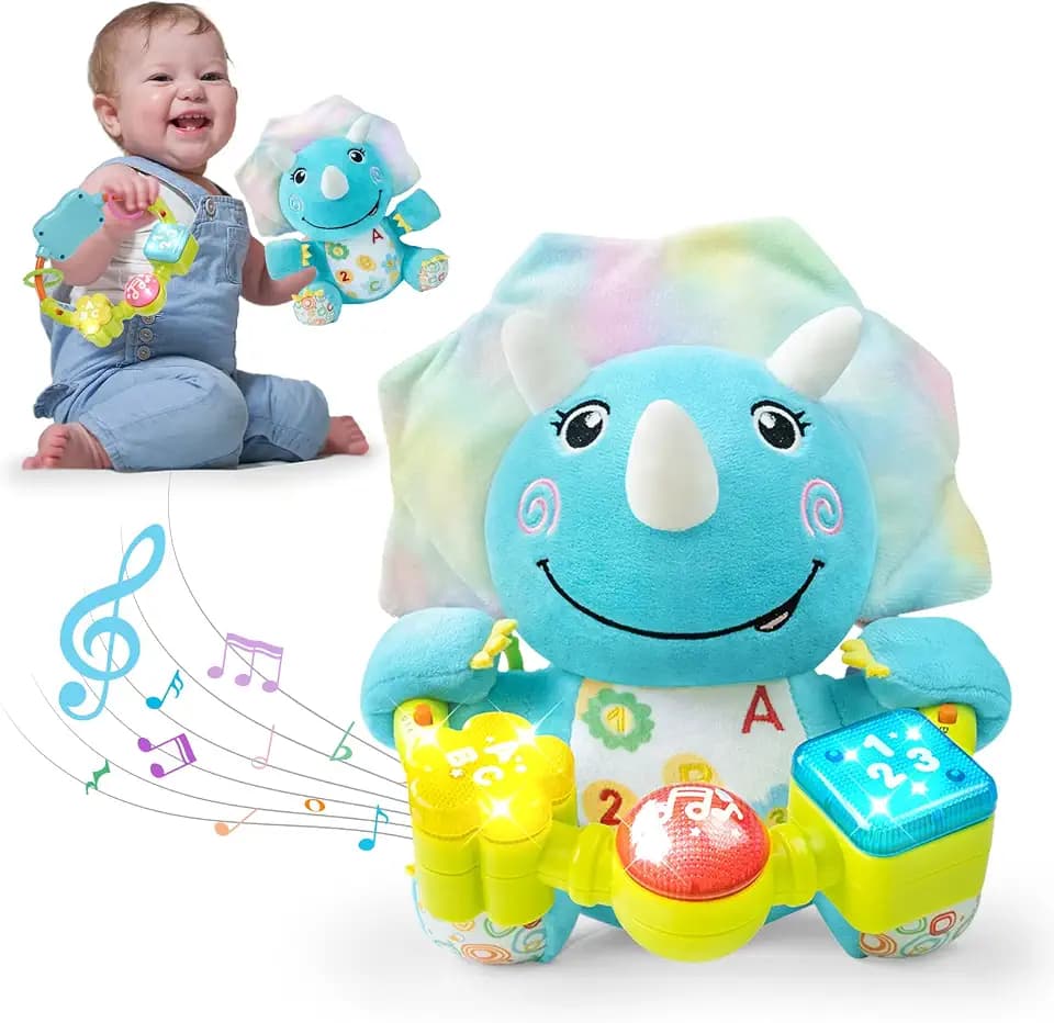 Holaxander Baby Dino Musical Stuffed Animals Toy with Light-Up Music & Crinkle Sound Paper,Infant Bilingual Early Learning Education Toys,Tummy Time Toys for 0-3-6-12+ Months Boy Girl