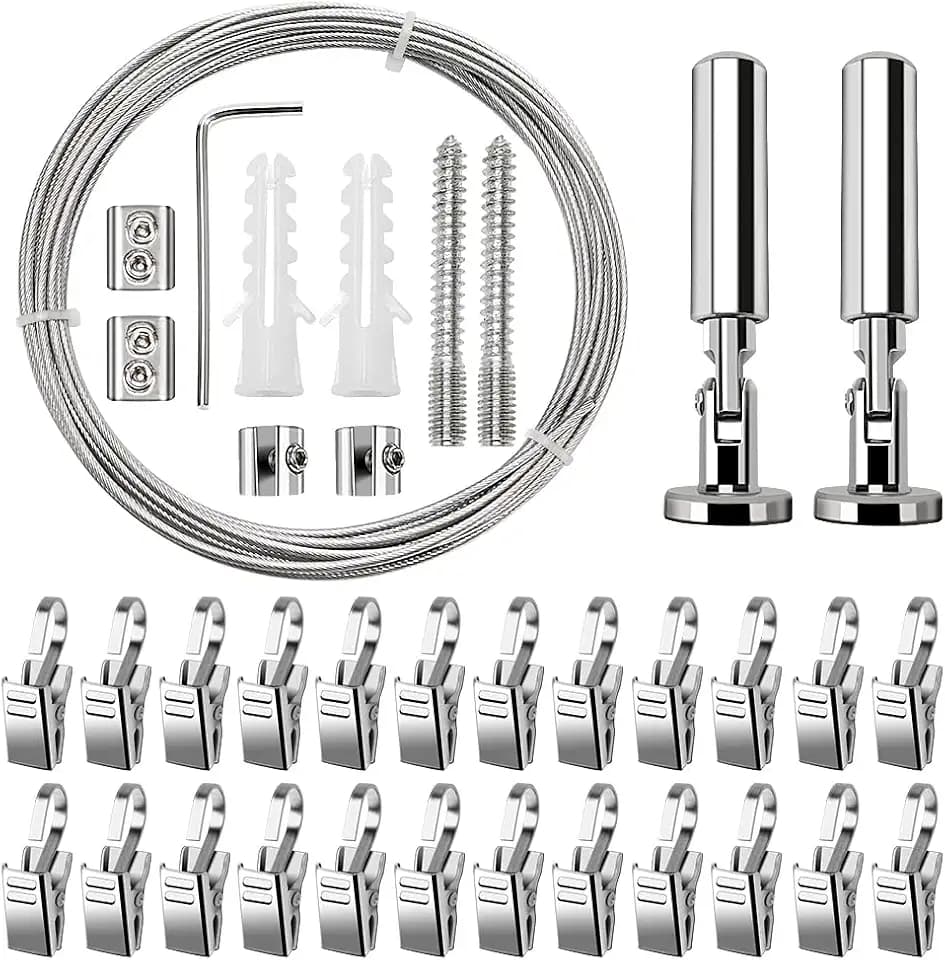 YIXISI 5m Wandhalterung Set, mit 24 Stück Metall Clips Haken, Edelstahl Vorhangdraht, Gardine Stahlseil, für Foto-Draht, Wäscheleine, Draht, Fenster, Vorhang, Spanndraht