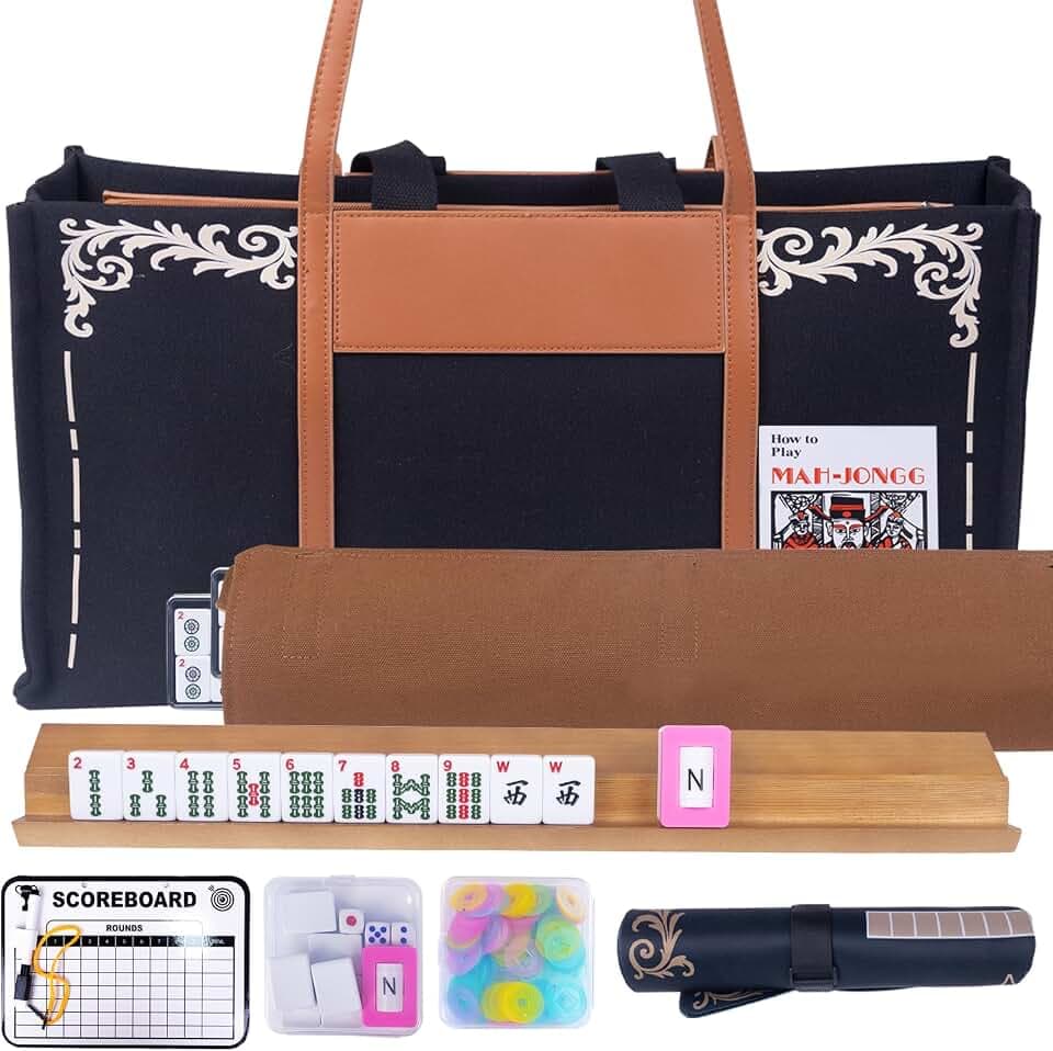 1 American Mahjong Set,Complete Game Kit, 166 Tiles Mahjong Tile Set with Wooden Pushers Racks, Carrying Bag, Mahjong Mat, Score Cards, Chips, Dice & Accessories Mahjong Set