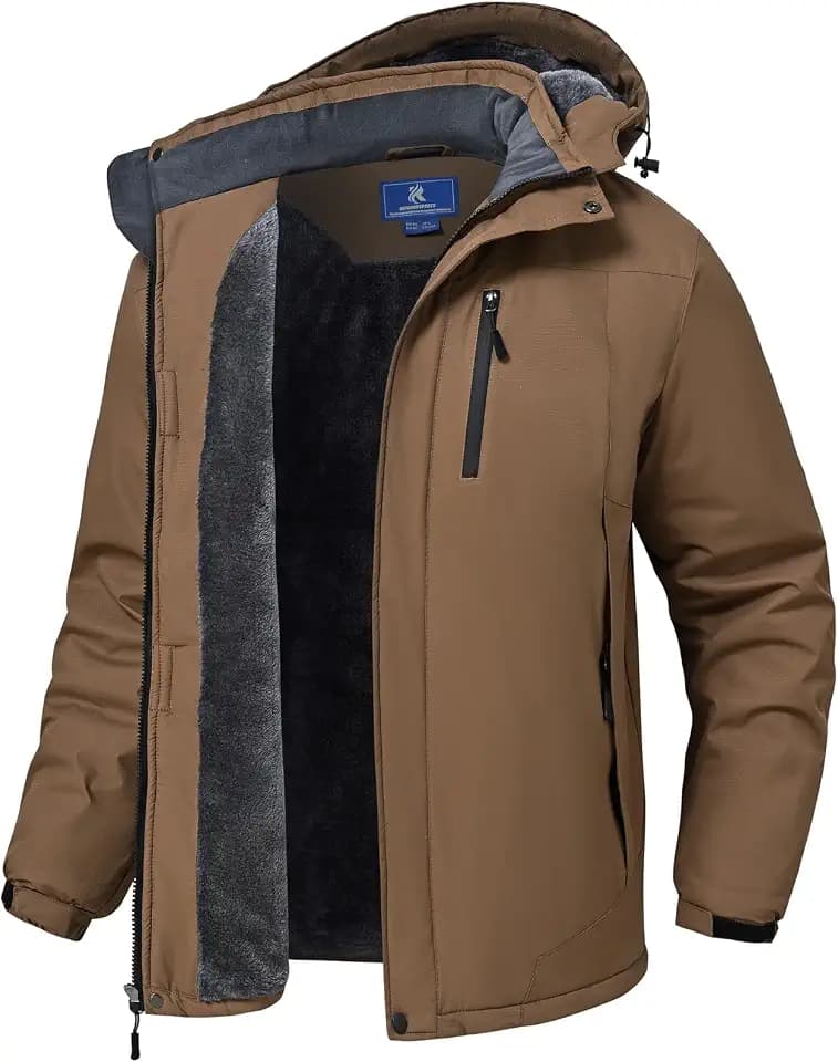 SPOSULEI Herren Winter Fleecejacke Warme Verdickt Gefüttert Skijacke Outdoor Winddicht Wasserdicht Jacke mit Abnehmbarer Kapuze für Wandern