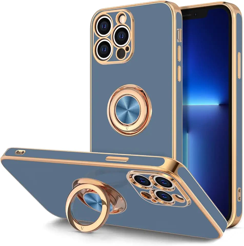 Hython Case for iPhone 13 Pro Max Case with Ring Stand [360°Rotatable Ring Holder Magnetic Kickstand] [Plated Rose Gold Edge] Soft TPU Cover Luxury Protective Phone Case for Women Men, Blue Gray