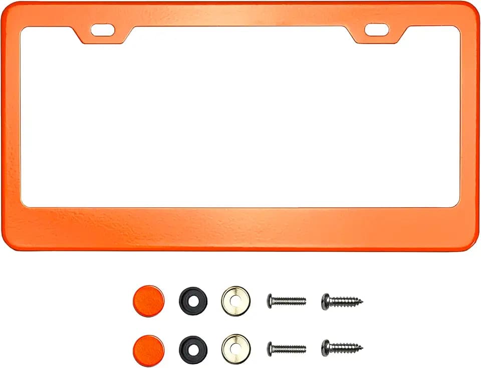 T304 Stainless Steel License Plate Frame – 8K Mirror Polish Finish, Rust-Resistant, Slim Design, Universal Fit, Includes Screw Caps, Washers & Stainless Steel Screws (Orange)