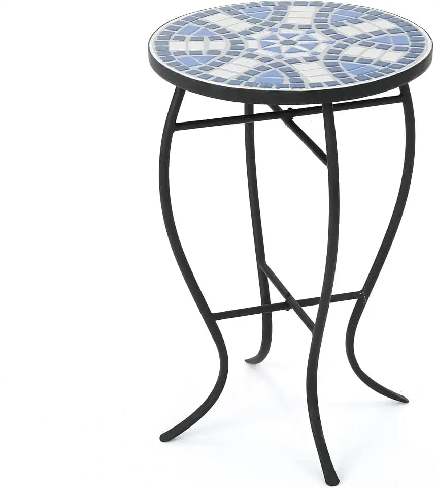 Christopher Knight Home Han Outdoor Ceramic Tile Side Table with Iron Frame, Blue / White
