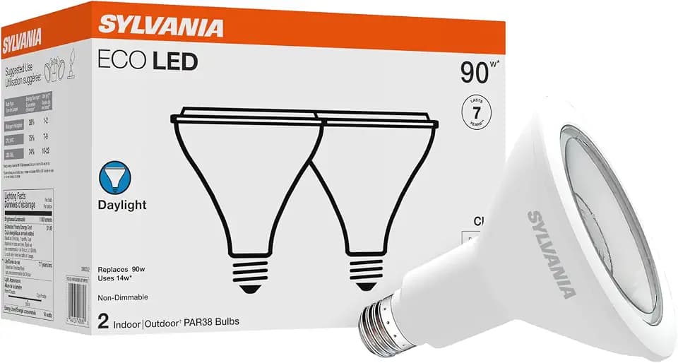 Sylvania ECO LED PAR38 Light Bulb, 90W = 14W, 7 Year, Non-Dimmable, 1100 Lumens, Clear, 5000K, Daylight – 2 Pack (40882)