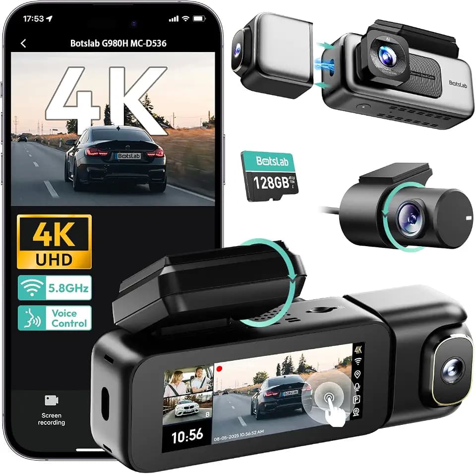 BOTSLAB【G980H 3CH】 4K 3 Channel 360° Dash Cam, 128GB SD Card