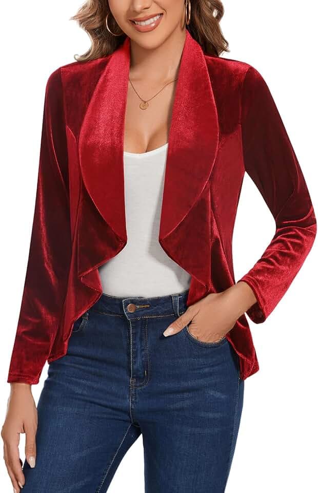 Damen-Blazer, Retro, Vintage, Samt, vorne offen, lange Ärmel, Rüschenbesatz, ungefüttert, normale Passform, für Büro, Meetings, gesellschaftliche Veranstaltungen, Cocktailpartys