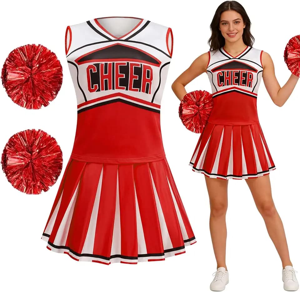 maxToonrain Cheerleader-Kostüm für Damen, Halloween, mit Zugring, Pompons, Highschool-Mädchen-Outfit, Tops und Rock, 2-teiliges Cheerleading-Kostüm-Set