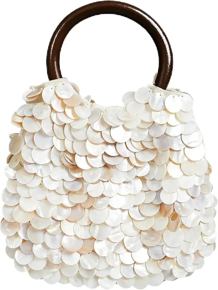 Miuco Shell Clutch Handbag Natural Seashell Purse with Wooden Handle