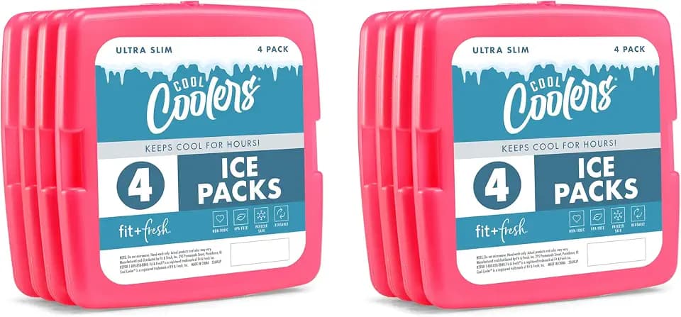 Cool Coolers by Fit & Fresh Slim Ice Packs, Quick Freeze Reusable Ice Packs for Lunch Boxes & Coolers, Long-Lasting, Space Saving Lunch Ice Packs, Blue, 4Pk