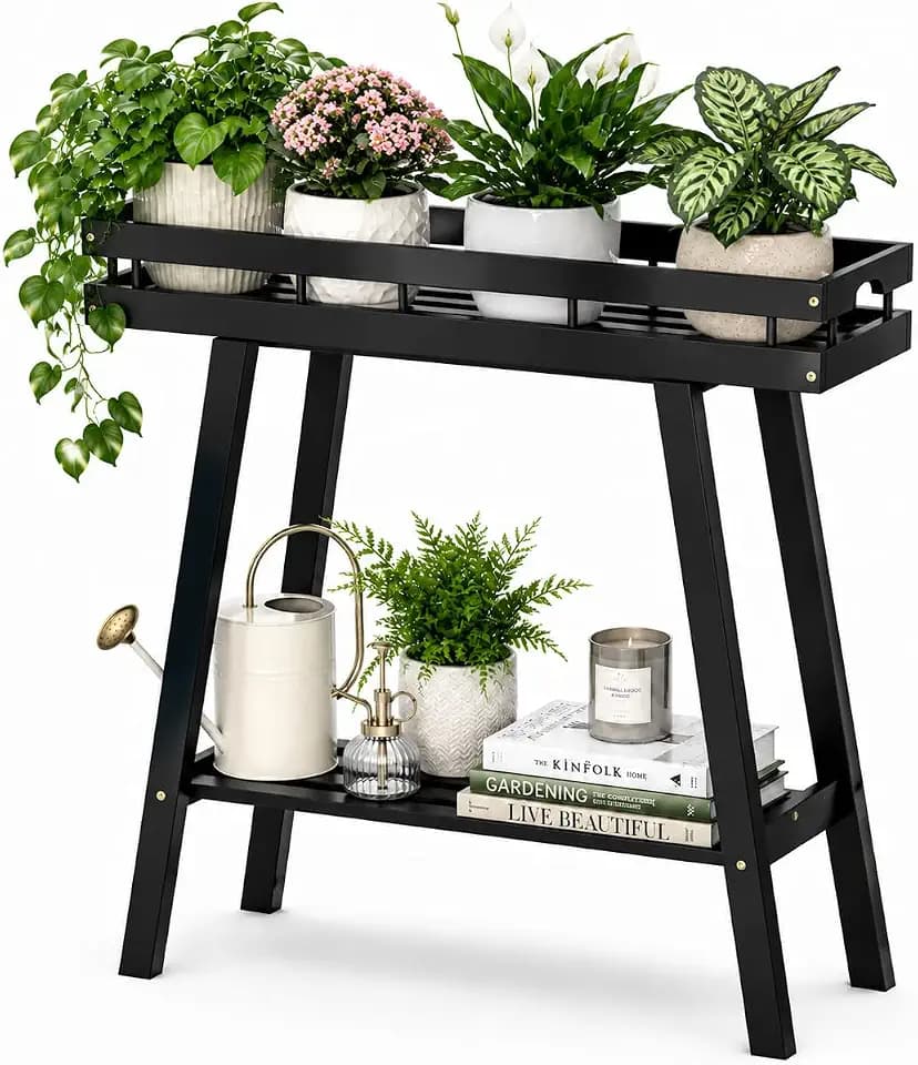 BAMBANG Bamboo Plant Stand Indoor, 2 Tier Small Plant Table, Tall Plant Stand for Indoor Plants, Window Sill Plant Shelf, Flower Pot Holder Plant Bench Plant Rack for Living Room, Black