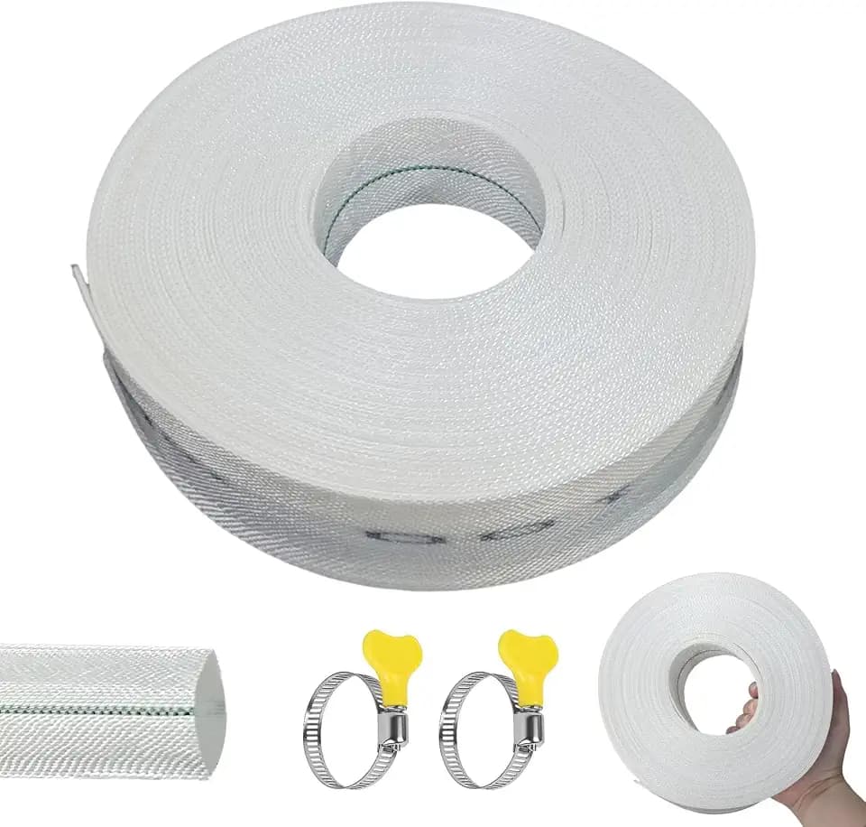 Gewebeschlauch, 20 m Ø 32mm Flachschlauch, 1 1/5 Zoll Tragbar Gewebeschlauchset mit Schlauchschelle, Ablaufschlauch Klapprolle, für Tauchpumpen und Schwimmbecken, Weiß