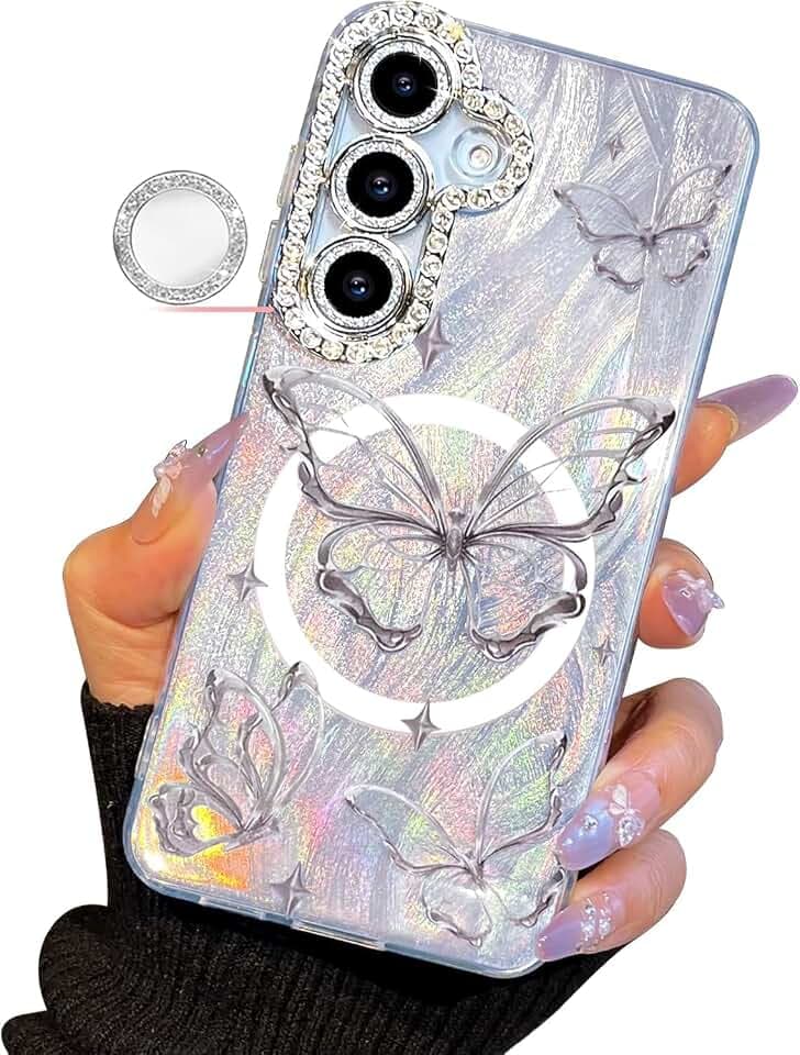 I-MGAE-IN-AR Compact Case for Samsung Galaxy S24 & S25 Butterfly Design,Magnetic Protective Diamond Camera Lens Protection Frame,Cute Soft Shockproof Phone Cases Cover for Women Silver Aesthetic