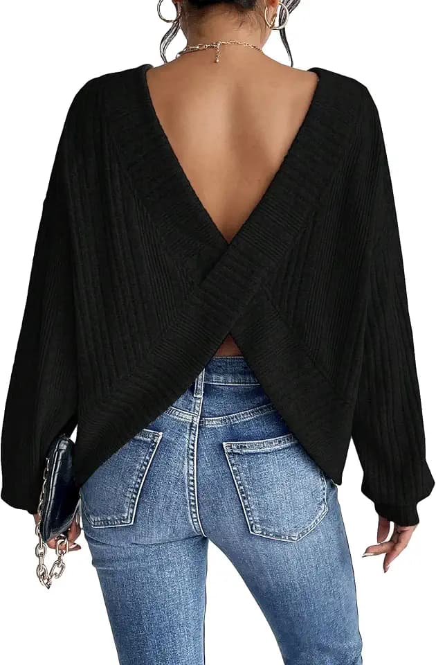 SweatyRocks Women' Cross Open Back Sweaters Long Sleeve Backless Knit Top