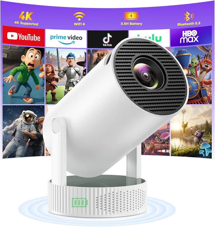 Mini Projector with WiFi and Bluetooth, Support 1080P 4K Portable Movie Projector Built-in Rechargeable Battery, Auto Keystone, 220° Rotation, Compatible with iPhone/Android/TV Stick/HDMI/USB