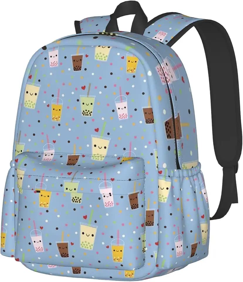 Cute Boba Bubble Tea Print Kids Backpack, Lightweight Girls School Bookbag with Front Pocket and Side Pockets for School and Daily Use