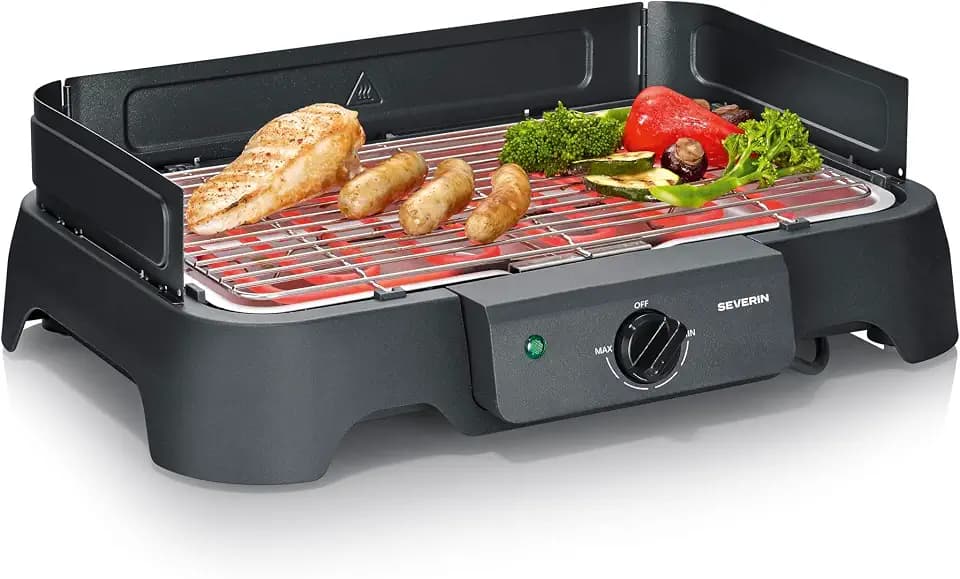 Severin Elektrogrill, Temperaturen 35-200 Grad Celsius, schnelles Aufheizen, 38x22 cm, Tischgrill mit Auffangschale, Edelstahl-Grillrost, Balkongrill, einfache Reinigung, 2000W, schwarz, PG 8593