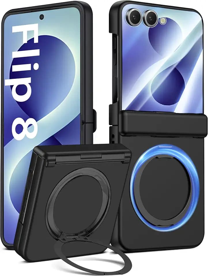 Magnetische Handyhülle für Samsung Galaxy Z Flip 8 Hülle, Matte PC Hartschale mit Schutzfolie, Scharnier-Schutz, 360° Ständer Ring Magnetring Anti-Fingerprint Stoßfest Schutzhülle Case Cover (Schwarz)