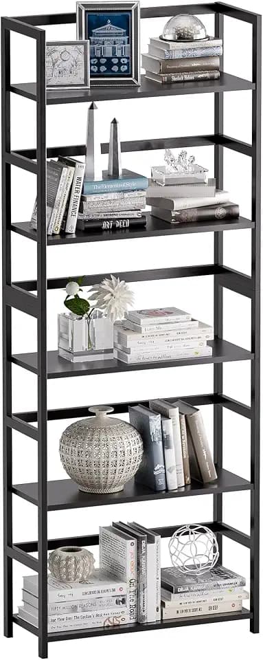 5-Tier Bambus Holz Leiter Bücherregal, hohe Anzeige Lagerung Regal, großes Bücherregal Moderne industrielle Stand Veranstalter für Haus, Büro, Wohnzimmer, Küche, Schlafzimmer (Schwarz)