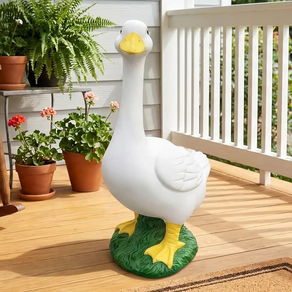 Porch Goose Statue Wearing Pink Skirt, 20″ Large Indoor/Outdoor Sculpture