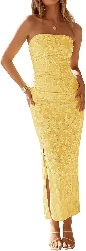 ZESICA Womens Summer Strapless Floral Bodycon Ruched Slit Maxi Formal Dress