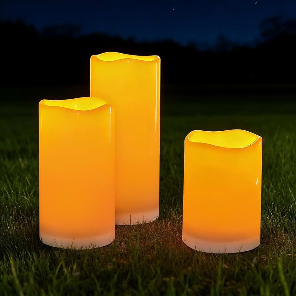 Homemory Solarkerzen für Außen, IP65 wasserdicht, 3er, Ø10,2 cm | Solarbetriebene LED-Kerzen mit Dämmerungssensor, IP65 wasserdicht, warmweiß, 3er-Set für Garten & Terrasse.