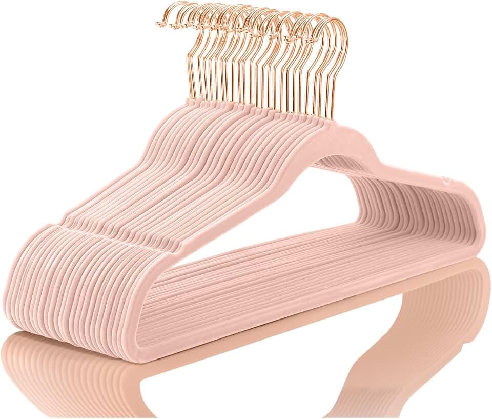 MIZGI Blush Pink Velvet Hangers 100 Pack Non Slip Heavy Duty Rose Gold Hook
