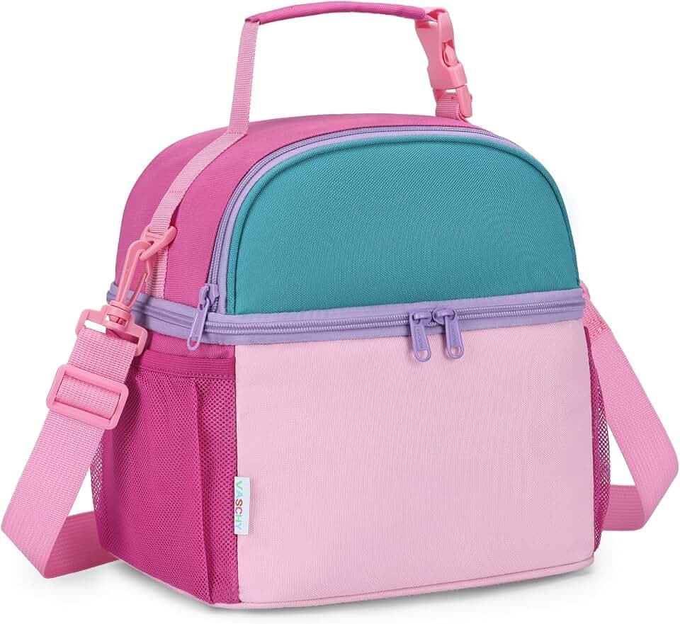 VASCHY Lunch Box Bag for Kids, Insulated Lightweight Lunch Box Tote for Toddler Girls School Daycare Kindergarten Pink Blue Colorblock