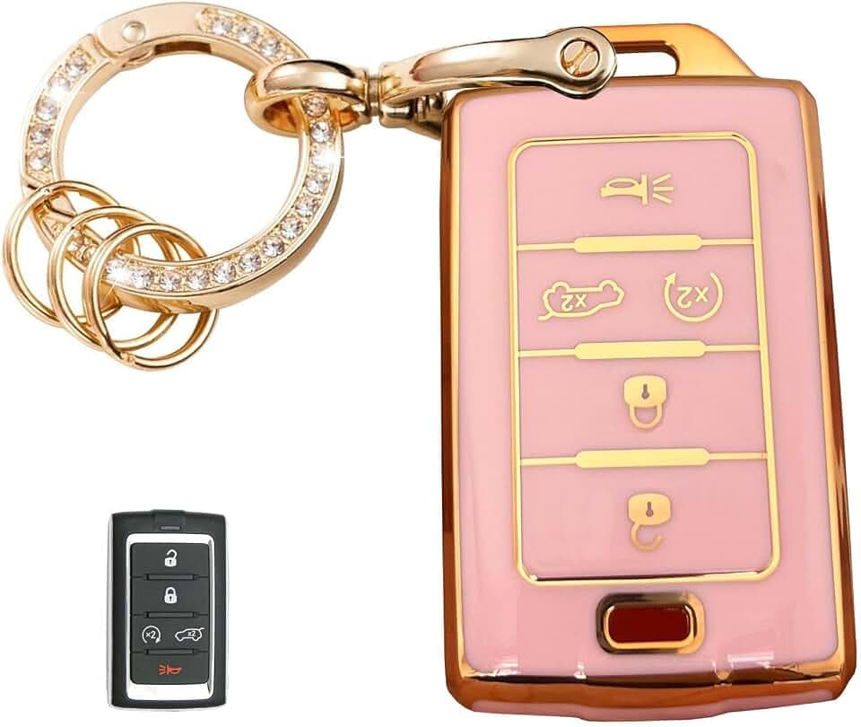 Keyless Entry Systems Key for Jeep Key Fob Cover Shell with Keychain Fit for 2021-2025 Grand Cherokee L Grand Wagoneer (5A Gold-Pink)