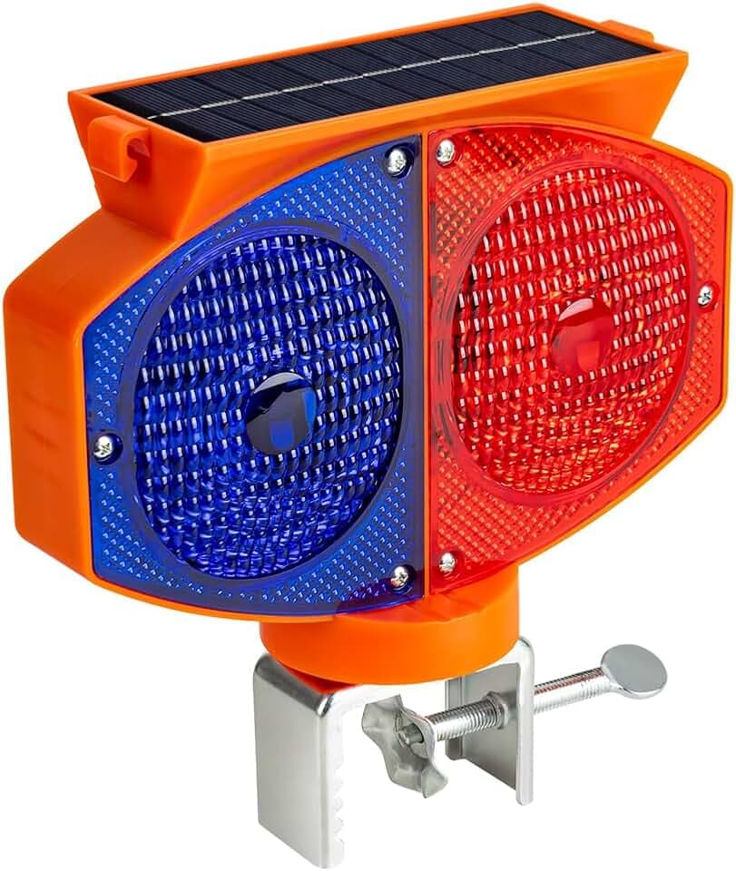 Solar Strobe Warning Light, 3 Working Modes Double Side Red Blue Flash Traffic Lights Wireless Rechargeable Waterproof Safety Barricade Warning Lights for Road Construction (Iron Clamp)