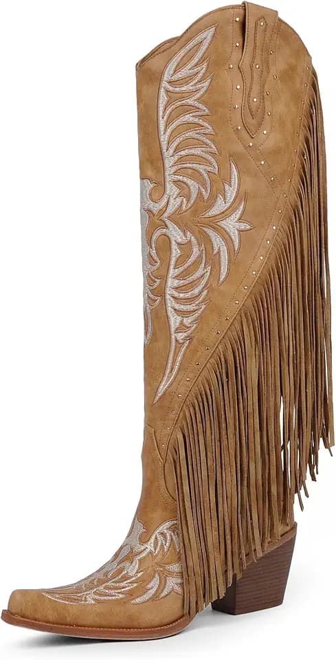 QIY Cowboy Boots for Women Fringe Cowgirl Boots Embroidered Studded Pointed Toe Chunky Heel Western Knee High Boots Pull On Tall Boot