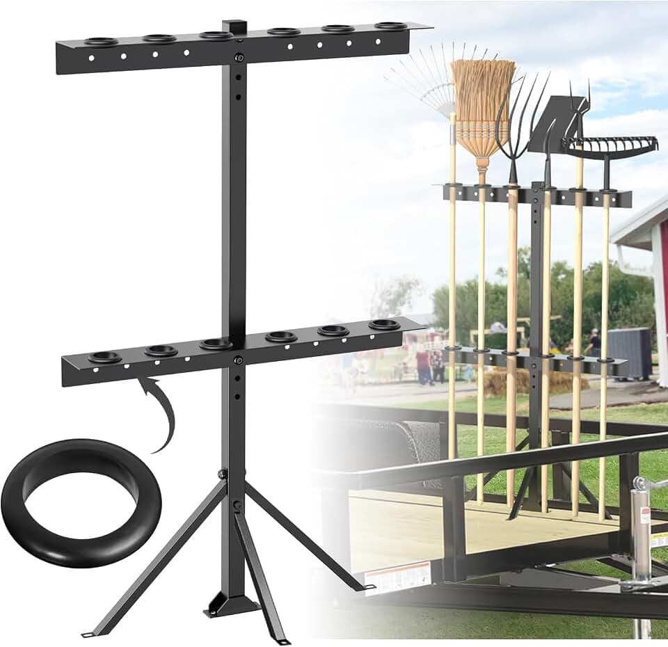 Utility Trailer Tool Rack with 6 Rubber Holes with Brackets , Dark Black