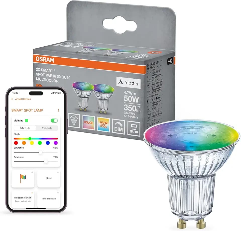 Osram SMART+ RGB PAR15 Reflektor Lampe mit Matter over Wifi, Vorteilspack mit 2 Stück, GU10, 5W, 16 Mio RGB-Farben, warmweiß-tageslichtweiß (2700-6500K), funktioniert mit Alexa, Google und Apple, 2er