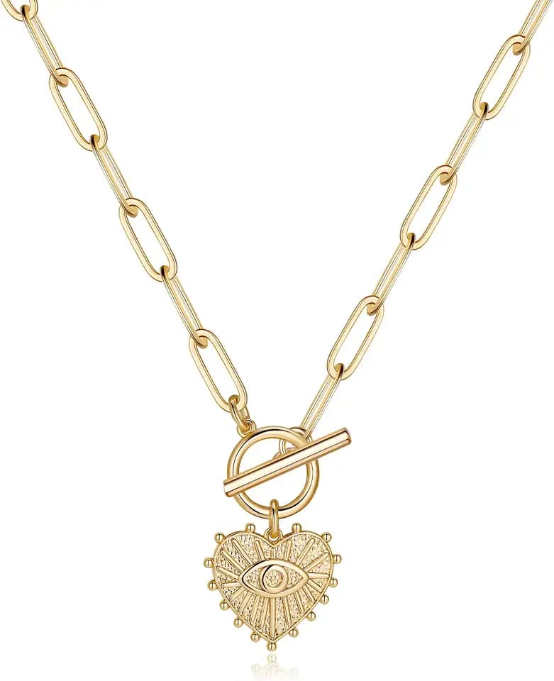 Turandoss Gold Paperclip Chain Necklace for Women, 14K Gold Plated Dainty Paperclip Link Chain Necklace Medallion Evil Eye Star Lightning Heart Butterfly Oval Link Paperclip Chain Necklaces for Women