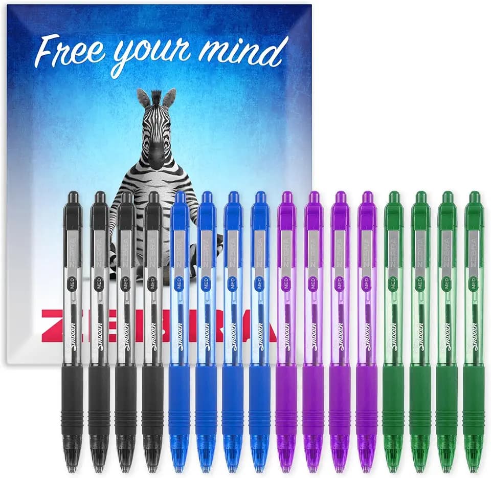 Zebra Z-Grip Druckkugelschreiber mit glatter Tinte, 1,0 mm Spitze, 16 Stück, in Geschenkverpackung, Schwarz, Violett, Blau, Grün
